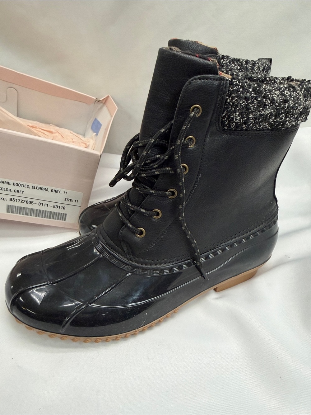 JustFab Black Lace-Up Knit-Cuff Duck Boots